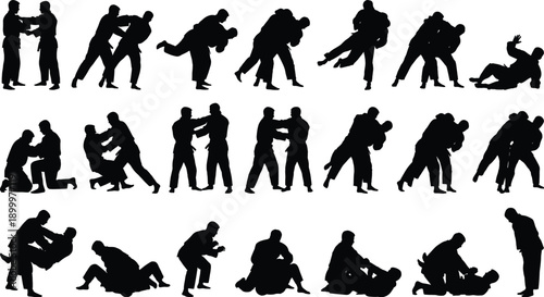 Abstract falling human silhouettes set, people tumbling curling rotating chaotic freefall motion poses, black figures pattern isolated on gray background illustration