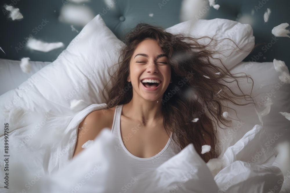 Naklejka premium Young woman laughing while feathers float around her in a playful pillow fight in bed