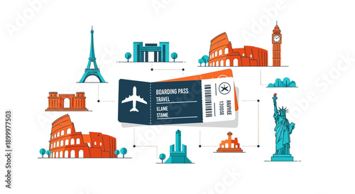 Global Travel Itinerary Concept. Flat Illustration of Boarding Pass Connected to Famous World Landmarks: Paris, Rome, London, New York.