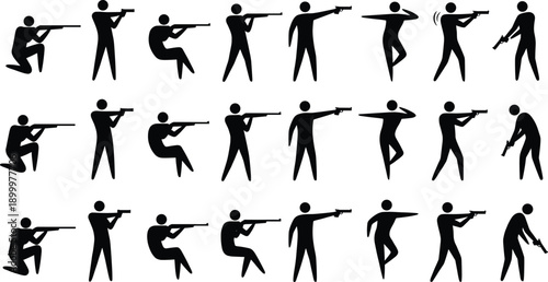 Tactical soldier action silhouettes set, armed military figures crawling aiming shooting patrol poses, black combat people isolated on gray background illustration