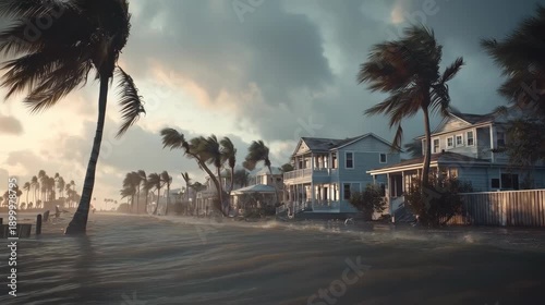 Coastal houses face a dangerous storm with a cloudy sky and high winds