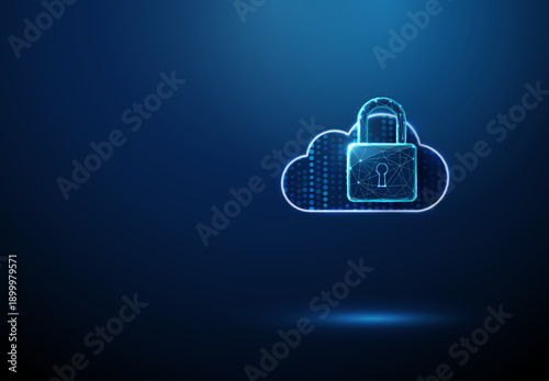 3d blue data cloud with dots inside and padlock. Cloud security, data protection, privacy, access control, encrypted information, safe digital infrastructure concept.