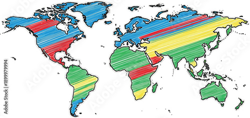 World map graphic uses colorful diagonal hatching lines to denote different climatic or economic zones across continents.