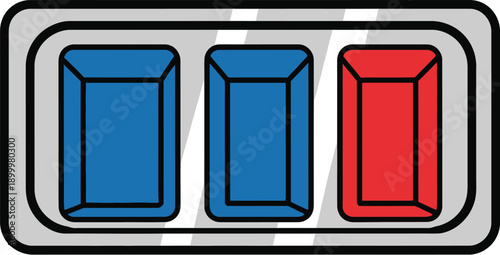 Three rectangular jewel-cut stones, two blue and one red, are set within a silver-toned oblong frame.