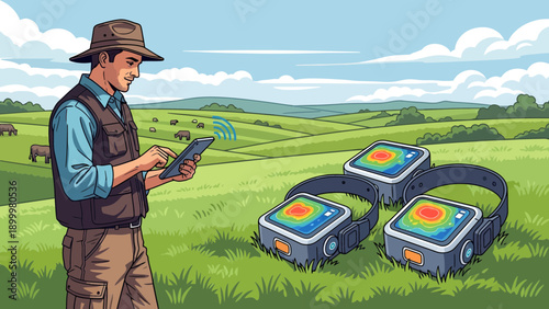 Man using technology to monitor and control farming robots in field