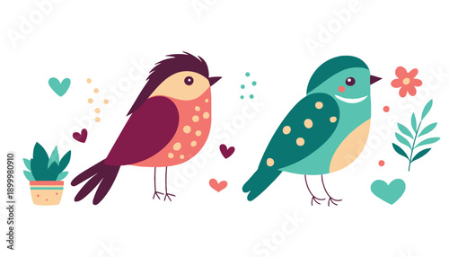 Two colorful birds surrounded by hearts and flowers in a playful illustration