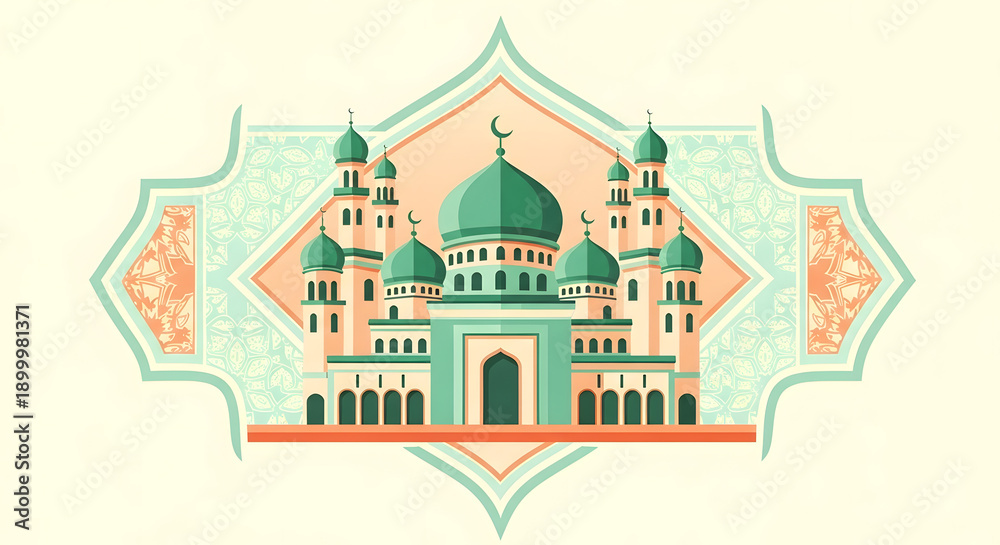 Fototapeta premium Symmetrical Green Mosque Illustration for Ramadan