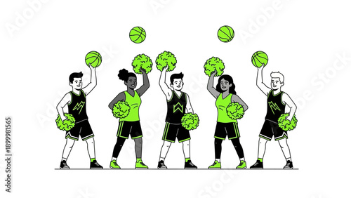 Diverse Cheerleaders and Basketball Players Cheering. Group Celebrating Victory and Team Spirit with Pom-Poms. Modern Line Art Illustration.