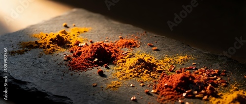 Obraz  z motywem Colorful spice powders scattered on dark slate surface with warm lighting creating dramatic shadows and textures for culinary cooking concepts.