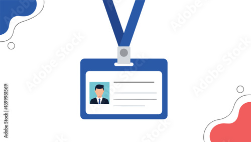 Blue lanyard with a plastic identity card holder displaying a male avatar with a business suit and blank lines for personal details.