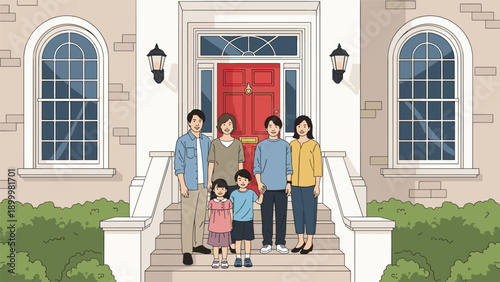 Happy multi-generational Asian family standing on the steps in front of a beautiful house with a red door, portraying family values and home life.