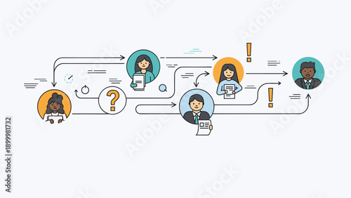 Intricate diagram illustrating a complex workflow or business process with diverse professionals collaborating, involving questions, decisions, and outcomes.
