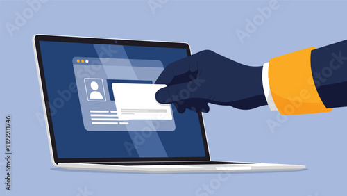 Cybercriminal's hand reaching out from a laptop screen to steal sensitive personal data or information from a user profile, illustrating cybercrime.
