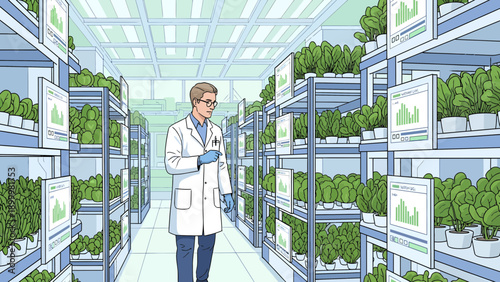 Scientist in a plant laboratory with rows of green plants on shelves
