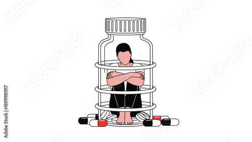 Upset woman sitting with crossed arms, feeling trapped inside a giant pill bottle surrounded by scattered capsules, symbolizing drug addiction or mental health.