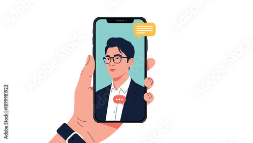 Hand holding a smartphone displaying a man in a video call, with chat bubbles, illustrating virtual communication and online meetings.