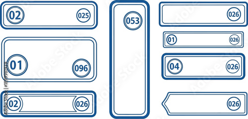 Collection of rectangular and vertical blue-bordered label templates with numbered circles.