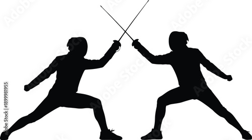 Fencers dueling with crossed swords in red background