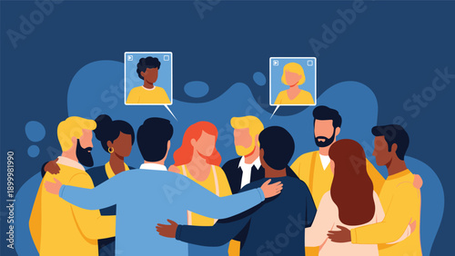 Diverse group of friends hugging and interacting warmly, with two video call avatars floating above, symbolizing connection and remote friendship.