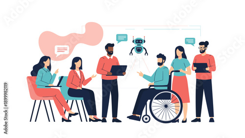 Diverse team of professionals collaborating and discussing ideas with a robot assistant, illustrating AI integration in modern teamwork and innovation.