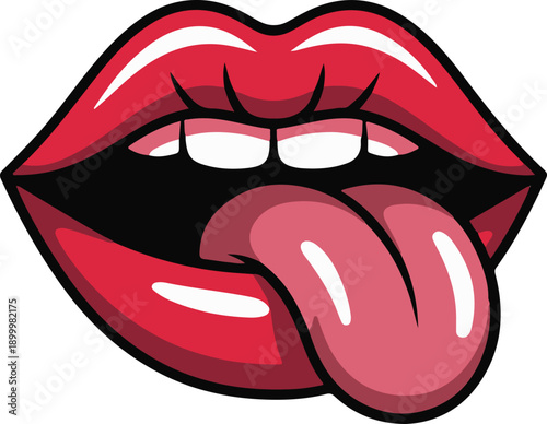 Cartoon illustration of open mouth with tongue out and teeth showing  red lips and tongue  white teeth