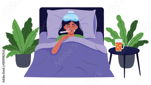Ill woman lying in bed with an ice pack on her head and a thermometer in her mouth, depicting sickness, fever, and need for rest.