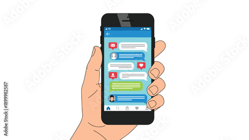 Hand holding a smartphone displaying multiple chat messages and social media notifications, illustrating digital communication and online interaction.