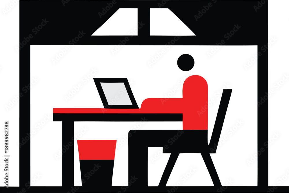Fototapeta premium Stylized Person Working On Laptop At Desk With Trash Can And Window chair vector illustration