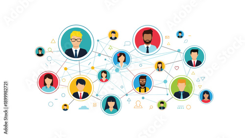 Intricate diagram illustrating social network connections with diverse user profiles, symbolizing online community, communication, and digital interaction.