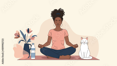 Peaceful African American woman with dreadlocks meditating in a lotus position, with a white cat sitting beside her, promoting mindfulness and pet companionship.