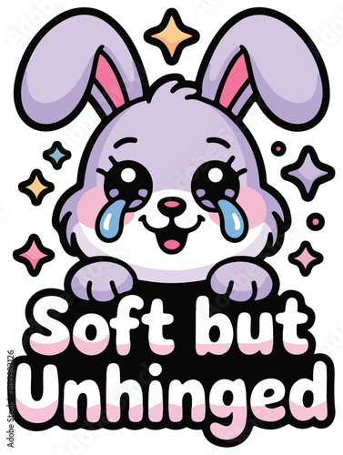 Cute cartoon rabbit with tears and stars  soft but unhinged expression
