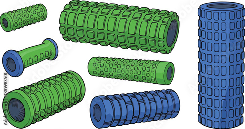 Textured foam rollers in green and blue colors are displayed as essential equipment for fitness, yoga, and muscle massage.