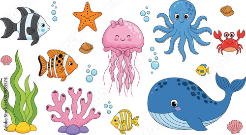 Cute under the sea vector illustration set with blue whale pink jellyfish octopus crab and tropical fish for children’s nursery decor or summer ocean party invitations
