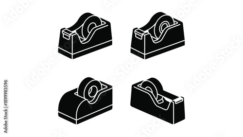 Four black and white illustrations of tape dispensers on a plain background