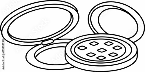 Line art illustration of makeup compacts and a powder puff