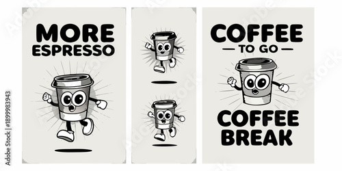 Cartoon coffee cups with text promoting espresso and coffee to go