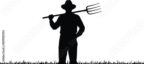 Silhouette of farmer with pitchfork on red background standing strong