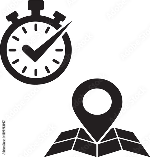 Stopwatch with Check Mark and Map Pin Icons - Flat Design Vector Illustration