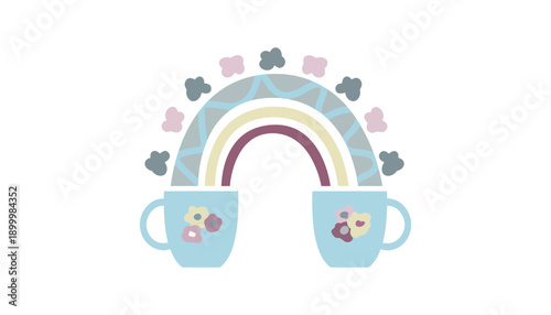 A colorful illustration of two coffee cups with a rainbow and flowers