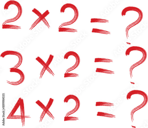 Simple multiplication problems written in red ink awaiting correct answers