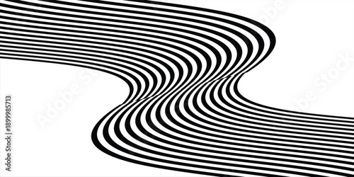 Black on white abstract perspective line wave stripes with 3d dimensional effect isolated on white background
