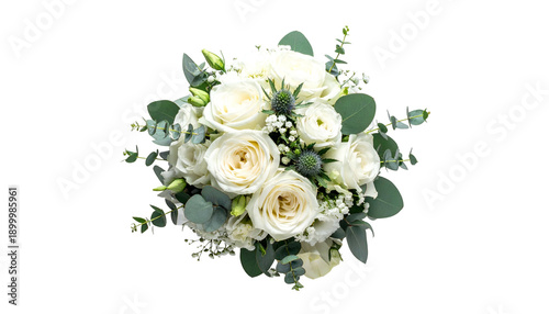 Close-up of a bridal bouquet featuring white roses, thistles, and greenery against black