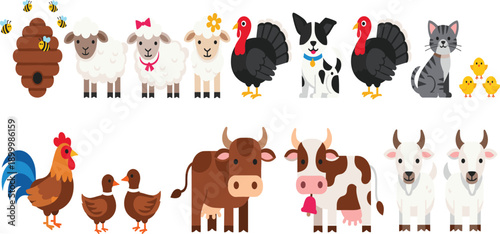 Cute farm animals vector set with cartoon sheep cows goats rooster ducks turkey dog cat and honeybee hive for children education nursery decor or organic farm branding
