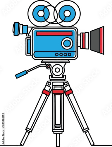 Movie camera with a blue body and red accents stands on a sturdy tripod, ready for capturing cinematic footage.