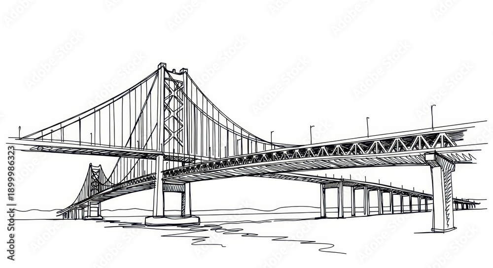 Fototapeta premium Hand Drawn Suspension Bridge Sketch Over Water - Architectural Line Art Illustration