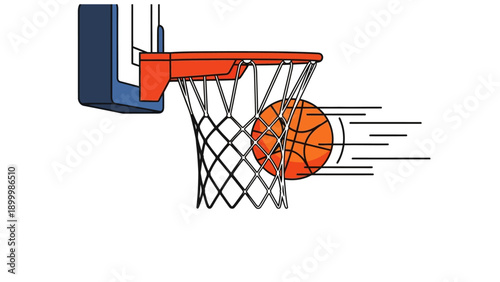 Score! Cartoon Basketball Ball Sinking Through the Hoop and Net with Speed Motion Lines. Simple Sports Game Vector Isolated on White.