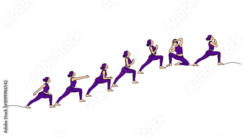 Yoga progression continuous line drawing. Female fitness exercise sequence, lunge pose steps in purple illustration.