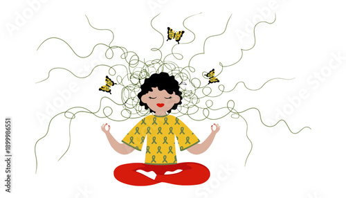 A cartoon illustration of a person meditating peacefully with butterflies