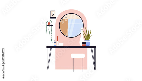 A minimalist vanity setup with a round mirror and pink arch