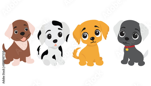 A group of adorable cartoon puppies in different colors and patterns